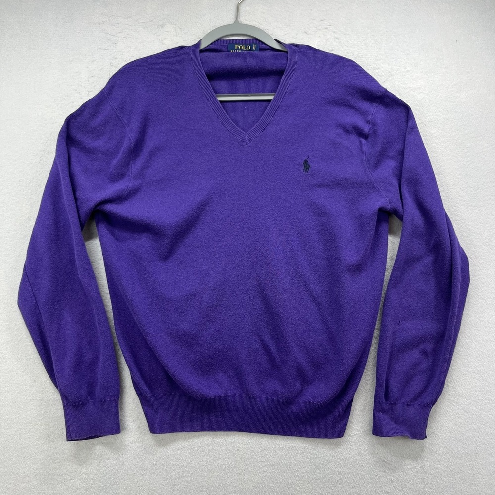 Polo Ralph Lauren Sweater Mens Large Purple Pony‎ V-Neck Pullover Pima Cotton